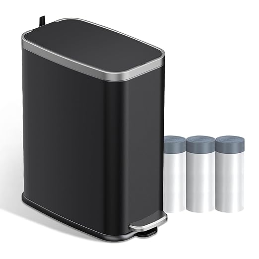 KdbK Stainless Steel Bathroom Trash Can with Lid Soft Close,1.6 Gallon Slim Garbage can,Small Metal Step Wastebasket for Office, Bedroom, Toilet, Black