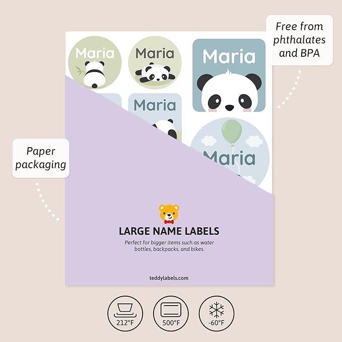 Large Name Labels for Kids (33) - Custom Stickers for Daycare and School Supplies - Durable, Waterproof Stickers for Water Bottles, Lunch Boxes, and More with Unique Designs - Panda