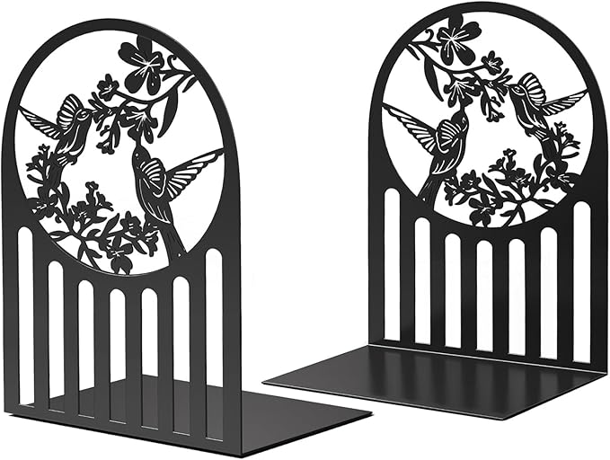 Weudes Hummingbird Book Ends, Metal Bookends for Shelves Decorative, Book Stopper for Heavy Books, Bookends for Home, Office, Library, School Use (Black)