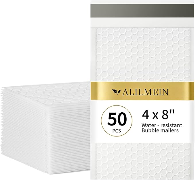 Alilmein 4×8" Inch White Bubble Mailers 50 Pack Small Bubble Mailers Waterproof Padded Envelopes Self Seal Adhesive Shipping Bags for Mailing Cards Jewelry Makeup and Small Business Packaging