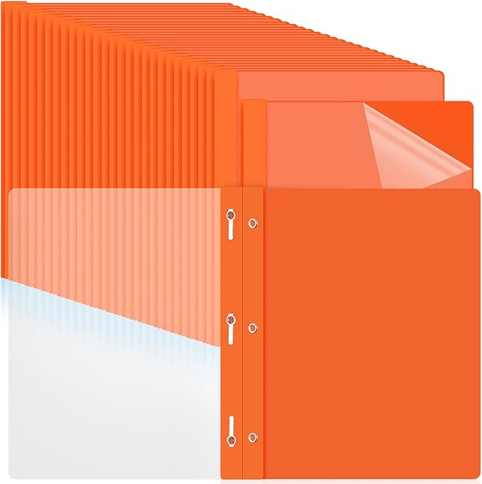 Feifeiya 48 Pack Plastic Report Covers with 3 Prongs Presentation Folders Bulk, 100 Sheet Capacity, Clear Front Report Covers for Presentation Document Paper School Office Supplies (Orange)