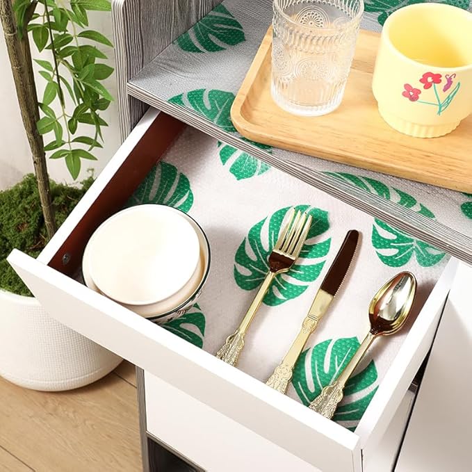 Monstera Shelf Liner for Drawers and Cabinets - Non Adhesive Waterproof Washable Cabinet Liner, Decorative Tropical Leaves Contact Paper for Kitchen Shelves, Pantry, Closet, Fridge