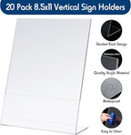 Jetec 20 Packs 8.5 x 11 Acrylic Sign Holder Clear Plastic Frames Acrylic Display Stands Vertical Slanted Back for Displaying Signs and Menus