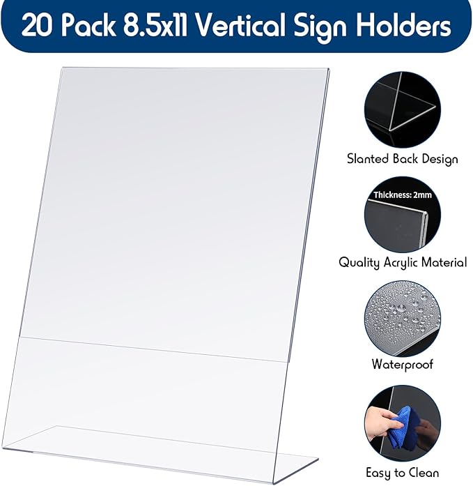 Jetec 30 Packs 8.5 x 11 Acrylic Sign Holder Clear Plastic Frames Acrylic Display Stands Vertical Slanted Back for Displaying Signs and Menus