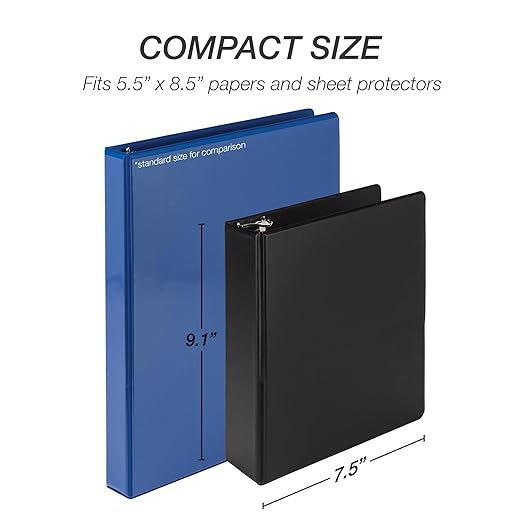 Samsill Economy 2 Inch Mini 3 Ring Binder, Made in The USA, 9.1" x 7.5" Round Ring Binder, Non-Stick Customizable Cover, Black