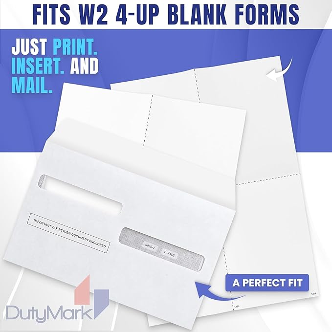 50 W2 Tax Envelopes, For 4-Up Style W-2 Tax Forms 50 pack Gum Seal Security Double Window W2 Envelopes