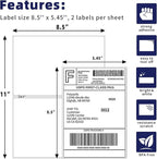 POLYSELLS Self Adhesive Address Shipping Labels, White Sticker FBA Labels (100 Sheets, 8.5" x 5.5" (2UP))