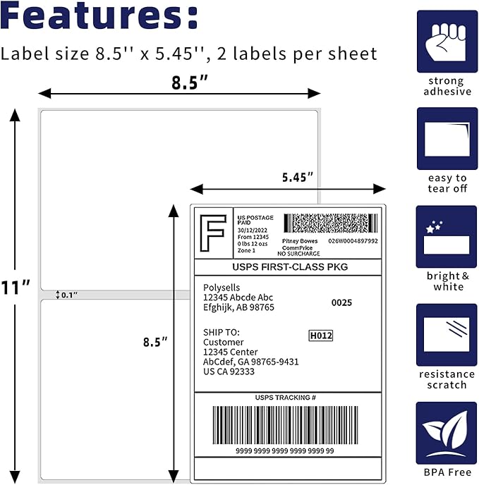 POLYSELLS Self Adhesive Address Shipping Labels, White Sticker FBA Labels (100 Sheets, 8.5" x 5.5" (2UP))