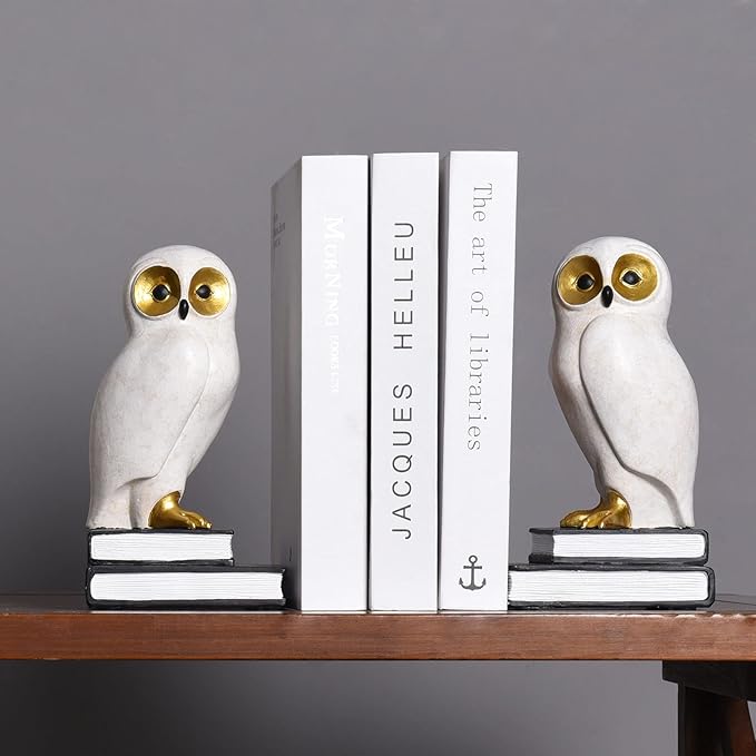 Kakizzy Book Ends for Shelves, Owl Decorative Bookends Bronze Bird Book Stopper Unique Kids Book Holders with Anti-Slip Base Luxurious Bookends for Kids Rooms Office Home Decor(White)