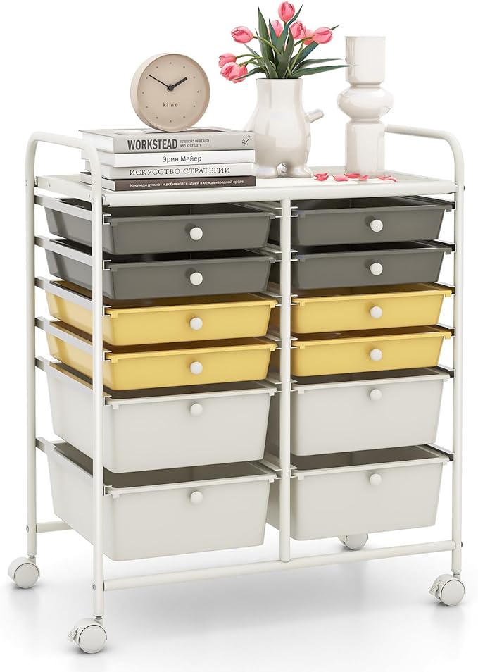 LDAILY 12 Drawer Rolling Storage Cart, Craft Cart Organizer on Wheels w/Metal Frame, Large Capacity & Smooth Drawer, Rolling Cart w/Drawers for Classroom, Office