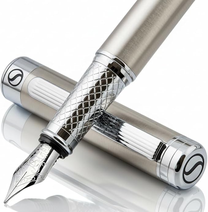 Scriveiner Stainless Steel Fountain Pen - Stunning Luxury Pen with Steel Finish, Schmidt Steel Nib (Fine), Best Pen Gift Set for Men & Women, Professional, Executive Office, Nice Designer Pens