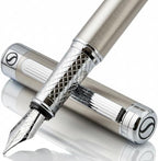 Scriveiner Stainless Steel Fountain Pen - Stunning Luxury Pen with Steel Finish, Schmidt Steel Nib (Fine), Best Pen Gift Set for Men & Women, Professional, Executive Office, Nice Designer Pens