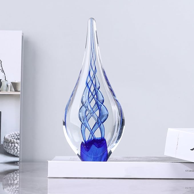 9" Tall Sculpture Hand Blown Glass Decor, Paperweight for Office Desk, Modern Glass Art Figurines Mediterranean Beach House Decor, Living Room Coffee Shelves Table Top Decoration (Swirl Blue)