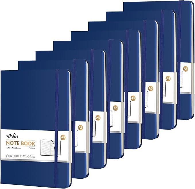 ViVin Lined Journal Notebooks for Work, 192 Pages, Medium 5.5 x 8.3 inch, College Ruled, A5 Hardcover Journaling Notebooks for Writing, 8 Pack Bulk,Navy Blue