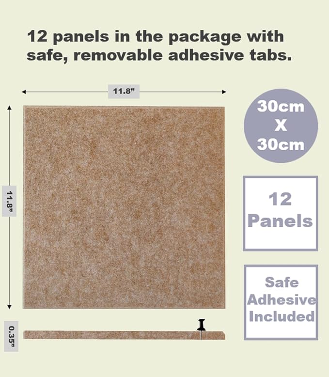 DECORITA Felt Wall Tiles | Large Cork Board Alternative | Aesthetic Felt Bulletin Board for Office, Home & Classroom | Large Cork Boards for Walls Pinboard (12-Pack) | Suntan