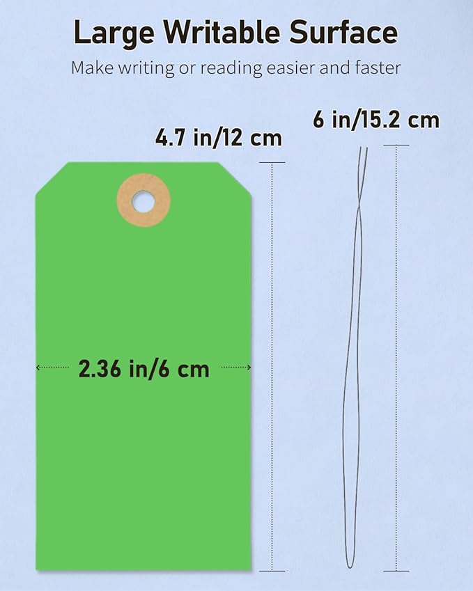 Uniclife 100 Pcs Green Blank Shipping Tags with Wire Attached 4.7 Inch Paper Tags Hang Tag with Reinforced Eyelet Large Marking Label Writable Price Inventory Label Tag, 4.7" x 2 3/8"
