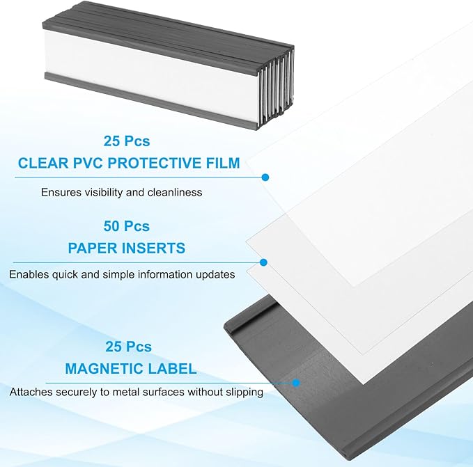 PATIKIL Magnetic Label Holder 4" x 1" with Paper Inserts, 25 Pcs C Channel Magnetic File Cabinet Labels Shelf Data Card Holder Signs for Metal Racks Shelves Whiteboard Tool Box
