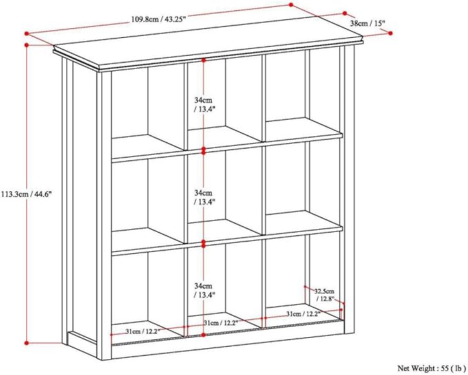 SIMPLIHOME Artisan Bookcase - 43 inch Tall 9-Cube Solid Wood Cube Organizer in Distressed Grey, Transitional Storage Bookcase for Living Room, Study Room or Office with Fixed Shelves and Tapered Legs