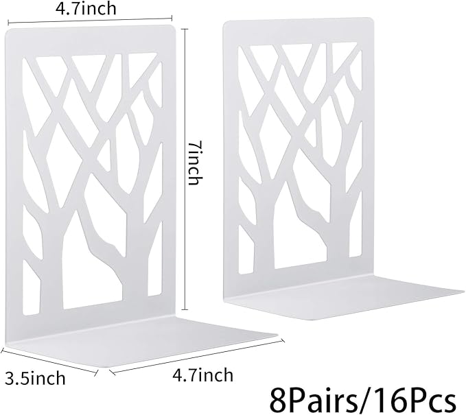 MSDADA Bookends, Book Ends for Shelves, Bookends for Office, Book Ends for Heavy Books, Book Shelf Holder Stand Home Decorative，Metal Bookend Supports, Book Stoppers, White(8 Pairs)