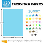INFOOD 120 Sheets 8.5" X 11" Colored Cardstock Bulk, 30 Assorted Colors Construction Paper Card Stock Paper for Printing, Card Making, DIY Crafts, School & Office Supplies, Party Decorations, 180 GSM