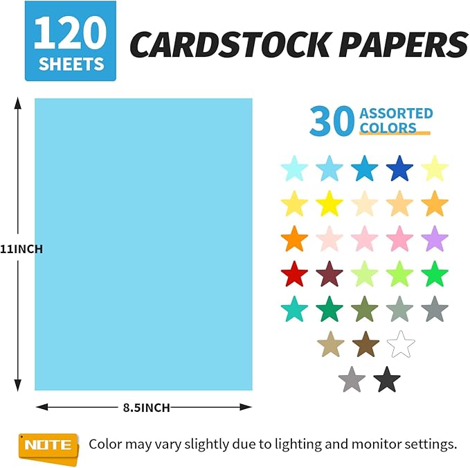 INFOOD 120 Sheets 8.5" X 11" Colored Cardstock Bulk, 30 Assorted Colors Construction Paper Card Stock Paper for Printing, Card Making, DIY Crafts, School & Office Supplies, Party Decorations, 180 GSM