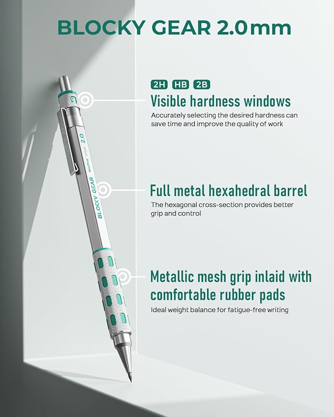 Nicpro Blocky Gear 2.0 mm Mechanical Pencils Set in Case, Metal Pencil with 6 Tubes 2mm Lead Refill (HB 2B 2H 4B 4H & Colors) Sharpeners, Eraser for Professional & Adult Art Writing Drafting Drawing