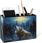 Famame 3D Animal Howling Wolf Moon Pencil Holder for Desk, Leather Desktop Container Pen Cup Storage Study Table Pen Organizer Makeup Brush Holder for Classroom Office Home