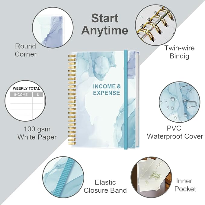 Heveboik Income & Expense Log Book - A5 Income and Expense Tracker for Small Business, Accounting Bookkeeping Tracking for Woman and Man, 5.8" x 8.3", Teal Watercolor