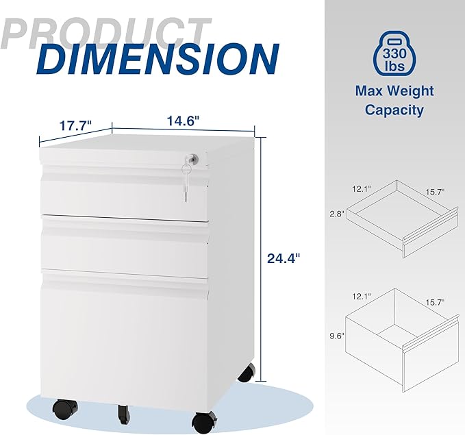 Fesbos 3 Drawer Vertical File Cabinet, Mobile Filling Cabinet with Lock for Legal/Letter Size, Pre-Built Office Storage File Cabinet with Wheels Under Desk - Fully Assembled