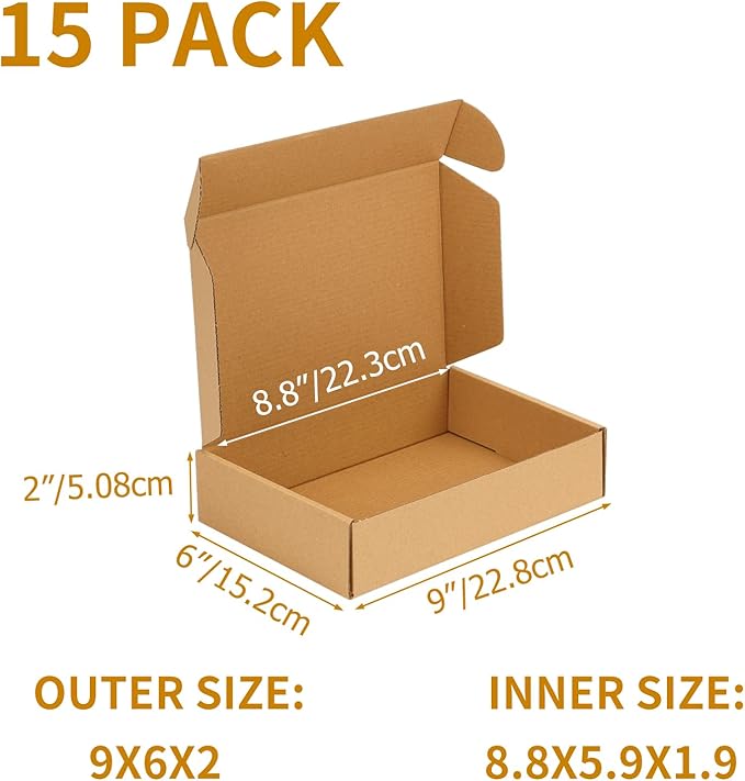 PHAREGE 9x6x2 Inch Shipping Boxes 15 Pack Brown, Tab Lock Tuck Top Mailer Boxes for Packaging Small Business, Cardboard Gift Boxes for Wrapping Mailing Present
