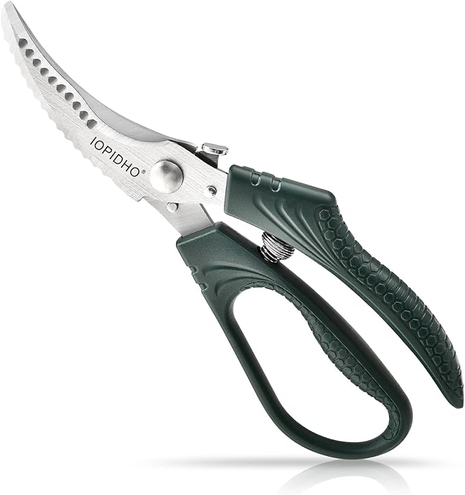 IOPIDHO Heavy Duty Poultry Shears, Kitchen Shears with Non-Slip Handle & Safety Lock, All Purpose Kitchen Scissors for Chicken, Meat Cutting, Turkey, Fish, Vegetables, Spring Loaded, Dishwasher Safe