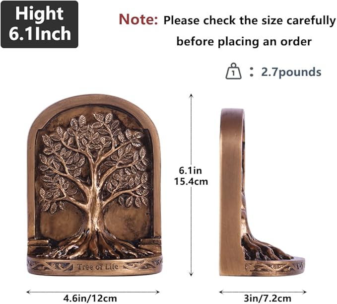 Tree of Life Bookends Set – 6.1" Resin Decorative Bookends, Antique Bronze Finish, Non-Skid Heavy Duty Support for Books, Bookshelf Decor, Office, Library, Housewarming Gift