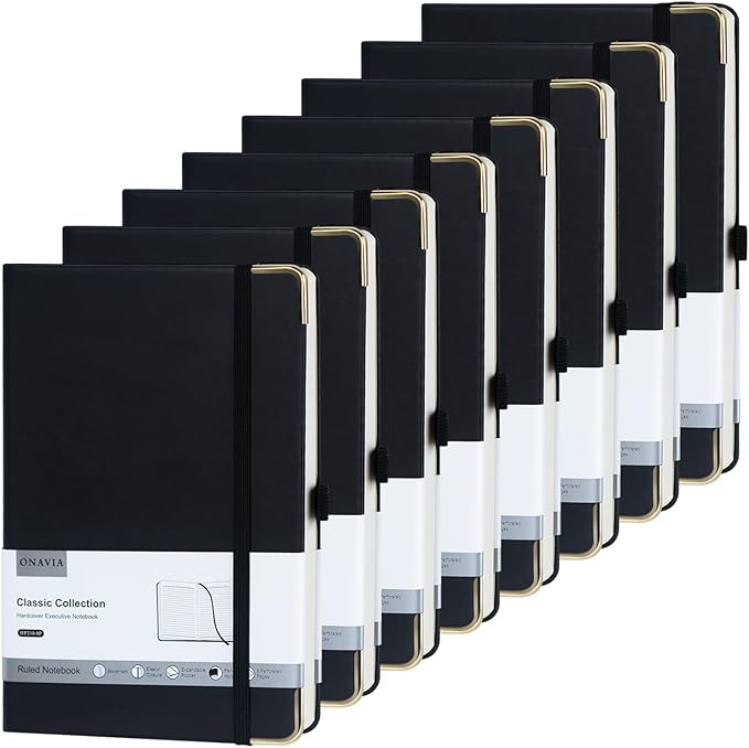 ONAVIA A5 Black Lined Journal Notebook - 100 GSM Thick Paper, 8 Pack Hardcover Journaling Notebooks for Writing, Work, Travel, College Ruled Journals for Women & Men, PU Leather Note Books, 5.5”x8.3”