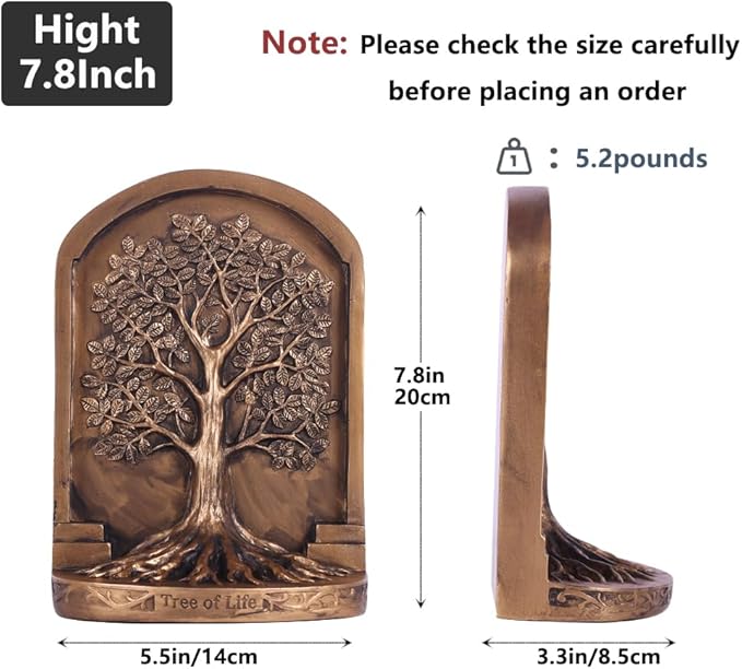 Large Vintage Tree of Life Bookends Set – 2 Non-Skid Heavy Bookends, Antique Bronze Finish Resin Decorative Bookends for Heavy Books, Office, Library, Bookshelf, Living Room, Housewarming Gift