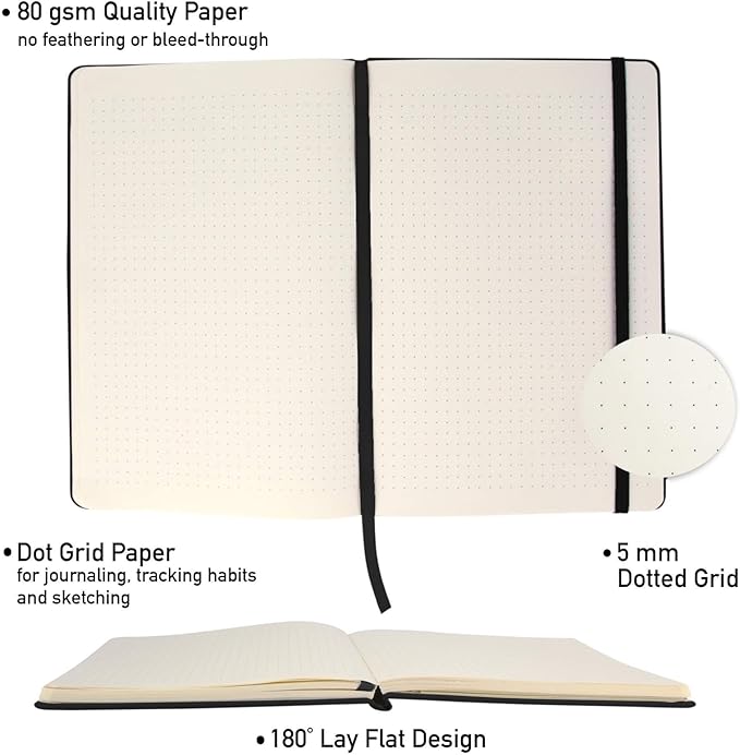 Simply Genius Notebooks - A5, Black, 4-Pack, Hardcover - Dotted Grid Journal for Work & School