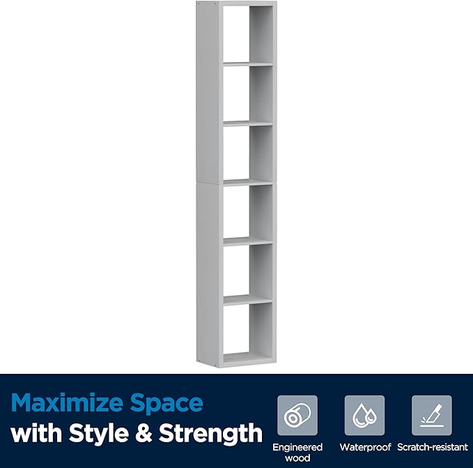 Jpiziso 6 Cube Storage Organizer Single Row, Cube Shelf with Heavy-Duty Thick Boards, 13.31" L x 9.37" W x 72.36" H, Smooth Easy-Clean Panels, Simple Assembly, for Living Room Bedroom Office, White