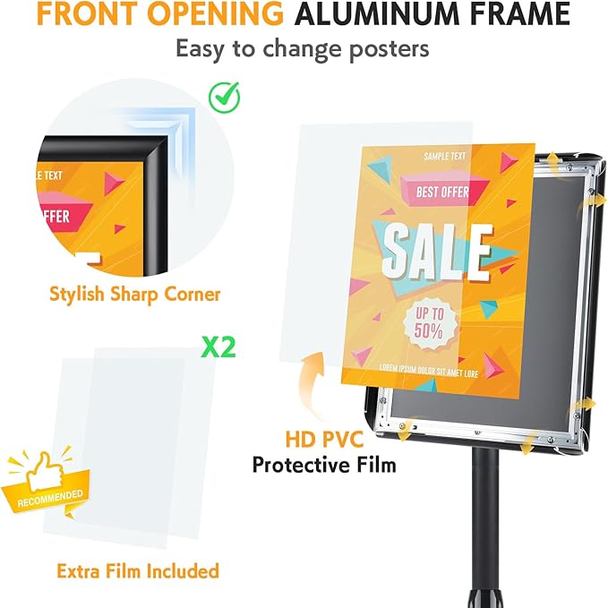 RedChili Sign Holder Stand 8.5x11 Inch, Adjustable Floor Standing Sign Holder Signage Stand with Aluminum Snap-Open Frame Vertical Horizontal View Display For Malls Schools Restaurants (Black, Sharp Corner)
