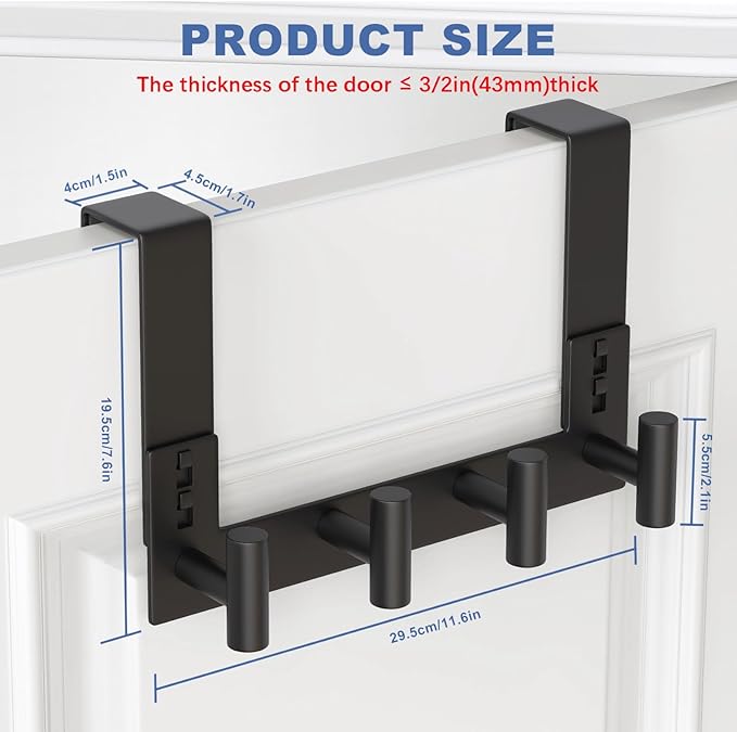 PMMASTO Over The Door Hooks, Fits 1-3/4" Thick Door No Drill Hooks for Closet Bathroom Bedroom Organization, Hanger for Coat Towel Robe (Black, 4 T-Hooks)