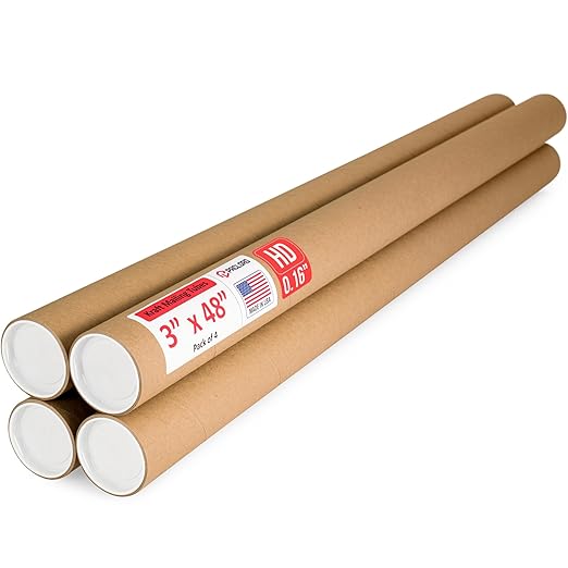 Paclord 3" x 48" Heavy-Duty Reinforced Cardboard Mailing Tube, Pack of 4 Tubes with 8 Caps – Secure USPS Approved – Great for Shipping and Storing of Prints, Artwork, Posters or Documents