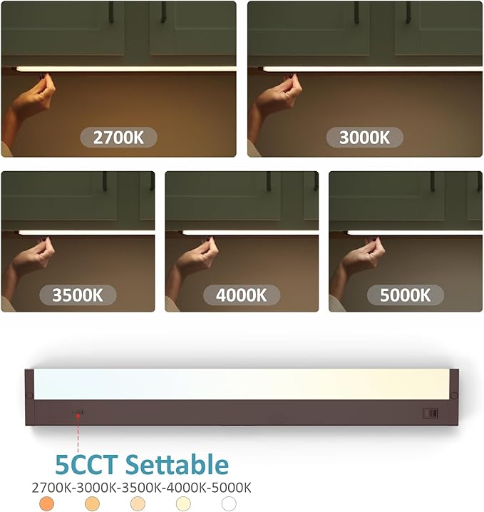 Leetdud LED Under Cabinet Lighting Hardwired or Plug in, 24 Inch 12W, Dimmable 5 Color 2700K/3000K/3500K/4000K/5000K, Linkable Eyes Care Design Counter Lights for Kitchen, Sink, ETL Listed, Bronze