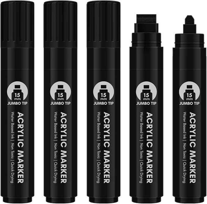 BIGTHUMB Black Poster Markers Jumbo: 5 Pcs 15mm Wide Tip Thick Acrylic Paint Pen Large Permanent Calligraphy Markers for Rock Painting, Stone, Poster, Canvas, Glass, Wood, Ceramic