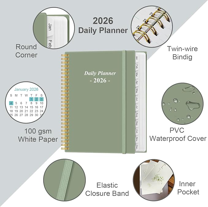 Daily Planner 2026 Full Page Per Day- 2026 Daily & Monthly Planner from January 2026 to December 2026, Day Planner 2026 with 12 Months Tabs, 8.5" x 11", Green