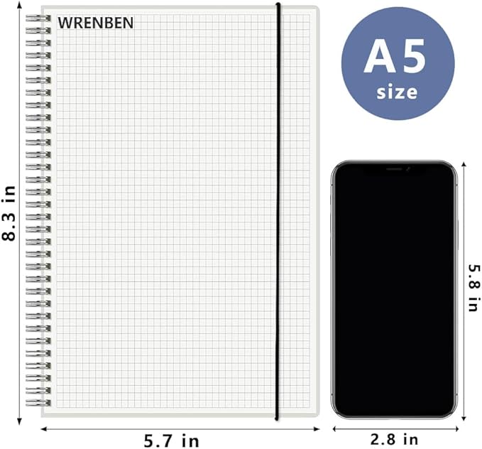 WRENBEN A5 Spiral Notebook 120gsm Graph Paper Notebook 160 Pages Per Hardcover Grid Notebooks 5.7 x 8.3 Inches (2 Pack)