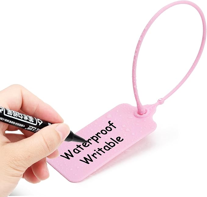 50 Pink Blank Plastic Tags for Labeling Waterproof Hanging Labels Writable Tags Seal Plastic Marking Label for Clothes Bags Keys Inventory with One Marker Pen