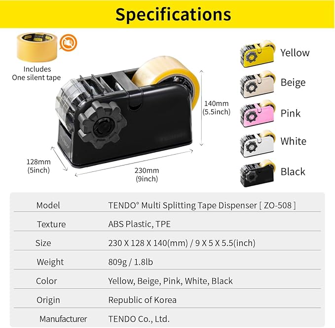 [TENDO°] Multi-Section Tape Dispenser ZO-508: Innovative Cutter for Custom Tape Width (Black)