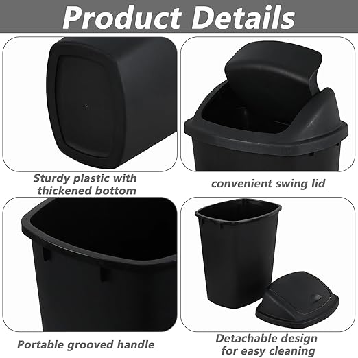 Uumitty 4-Pack Swing Top Wastebasket, 8 Gallon, Black, Modern Plastic Garbage Bin for Kitchen, Bathroom, Garage and Workspace, Fits 8 Gal Liners
