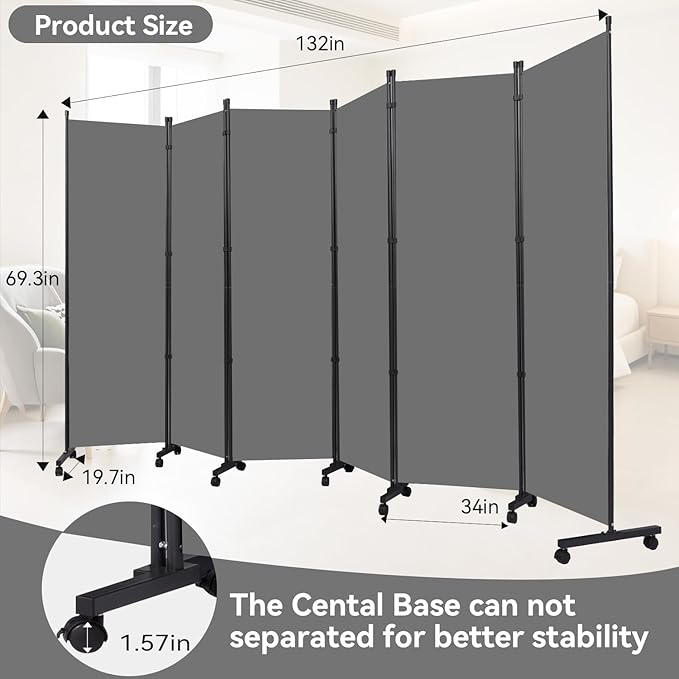 Room Divider (6 Panel) Wall Divider for Room Separation, 132 inch Wide Portable Privacy Screens W/Wheels, Metal Frame Freestanding Room Separators 5.6FT Room Partitions and Dividers