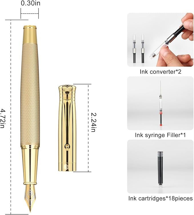 GC QUILL Fancy Fountain Pen Set – Fine and Medium Nibs, 18 Ink Cartridges, Ink Converter, Syringe Filler, Luxury Pen Gift for Men Women, Nice Pen for Writing Journaling (Gold)