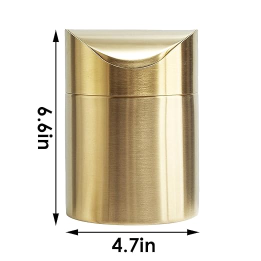 Chemlliy Stainless Steel Trash Can with Swing Lid, Mini Countertop Trash Bin Bathroom, Golden Desktop Garbage Cans Tiny Kitchen Waste Bins with Trash Bag
