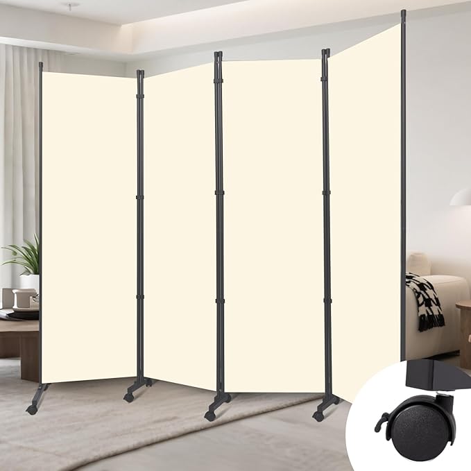 Room Divider (4 Panel) Wall Divider for Room Partition, 88 inch Metal Frame Wide Portable Privacy Screens W/Wheels, Freestanding Room Separators 5.6FT Room Divider Panel
